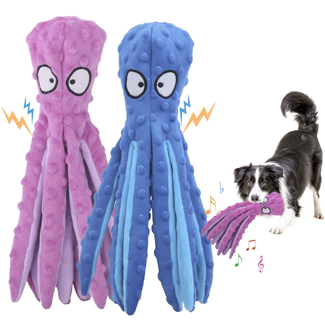 Squeaky Octopus Dog Toy for Puppy Teething & Training. Durable Interactive Tough Chew Toy for Small to Medium Dogs (Blue+Purple)