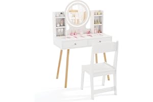 HONEY JOY Kids Vanity, Girls Vanity Set with Mirror and Stool and Lights, Drawers & Storage Shelves, Toddler Makeup Vanity Dressing Table, Pretend Play Kids Vanity Table and Chair Set (White)