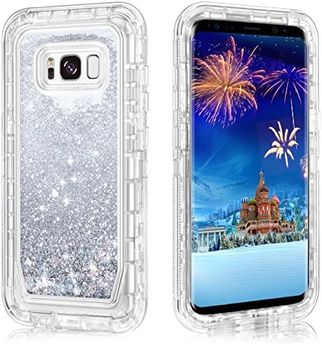 Galaxy S8 Case,Wollony 360 Full Body Shockproof Liquid Glitter Quicksand Bling Case Heavy Duty Phone Bumper Soft Non-Slip Clear Rubber Protective Cover for Samsung Galaxy S8 - Silver
