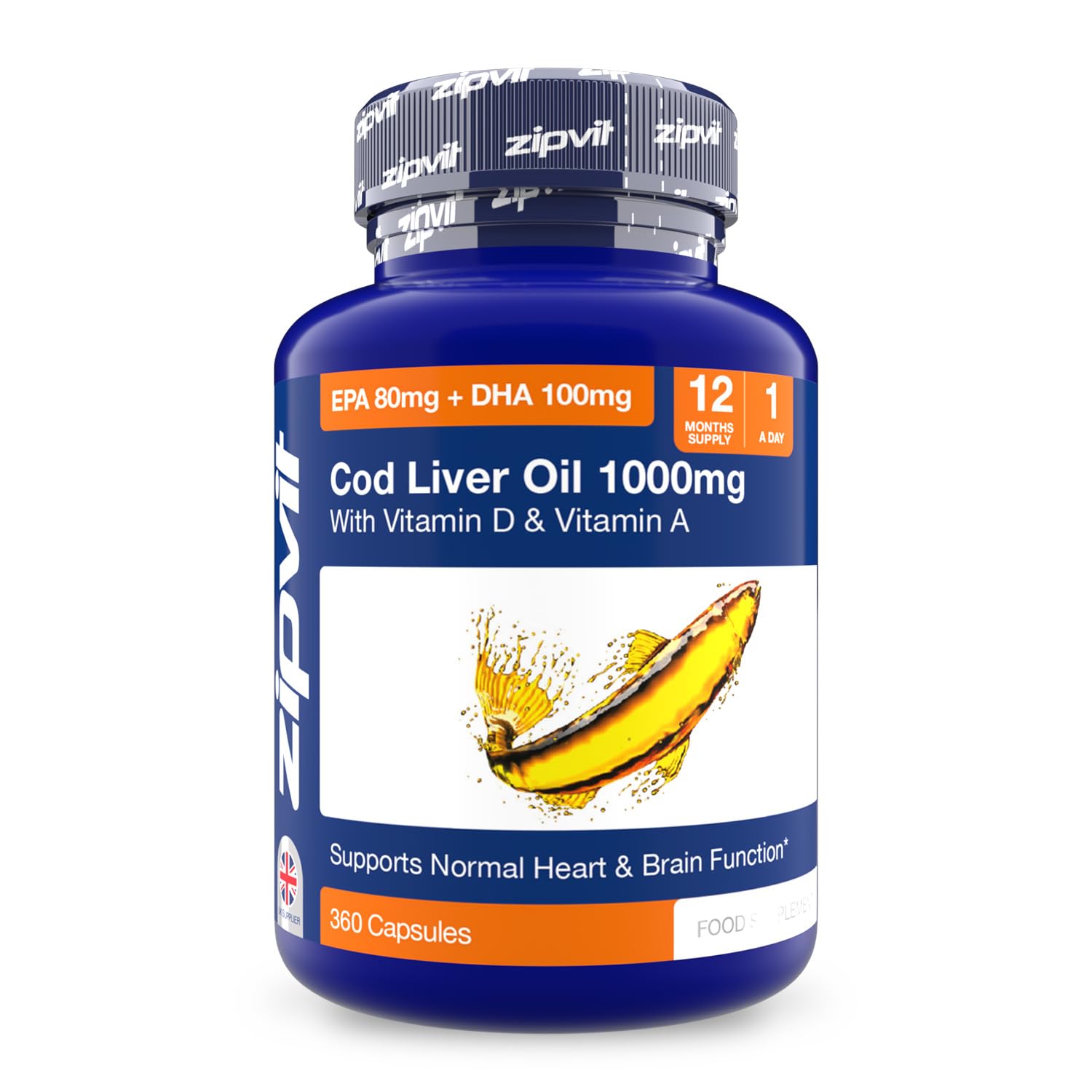 Cod Liver Oil 1000mg, 360 Capsules of High Strength Fish Oil, Rich in Omega 3. Supports Heart Health, Brain Health, Eye Health and Normal Blood Pressure