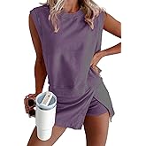 KevaMolly Womens Travel Outfits Summer Lounge Set Two Pieces Mineral Wash Cotton Tank Top Lined Split Athletic Skirt Set