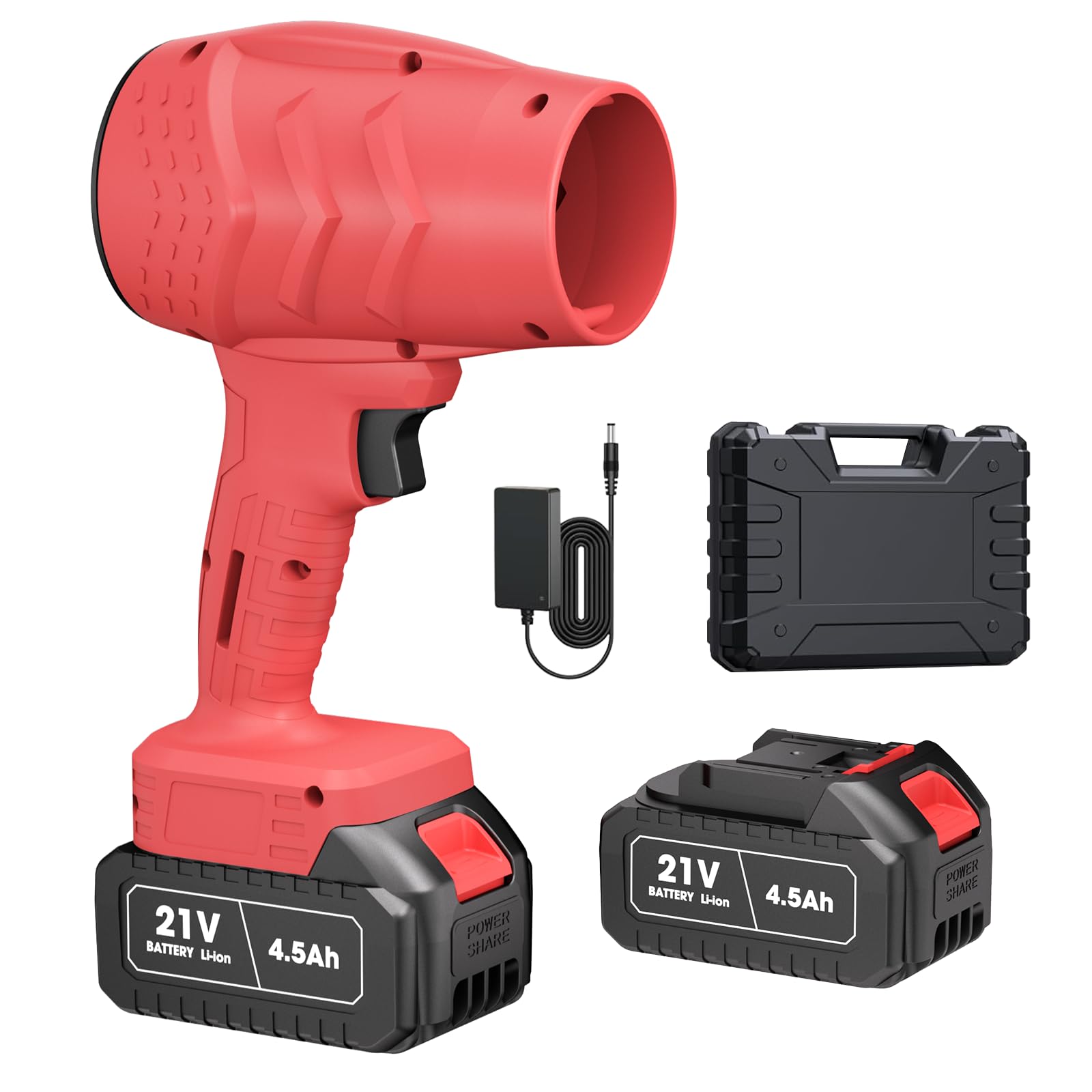 Photo 1 of Electric Mini Leaf Blower, Powered Handheld Blower Leaf, Adjustable Wind Speed Cordless 21V Battery Blower with 2 Rechargeable Batteries and Charger, Toolbox, for Yard Leaf & Snow Removal(Red)