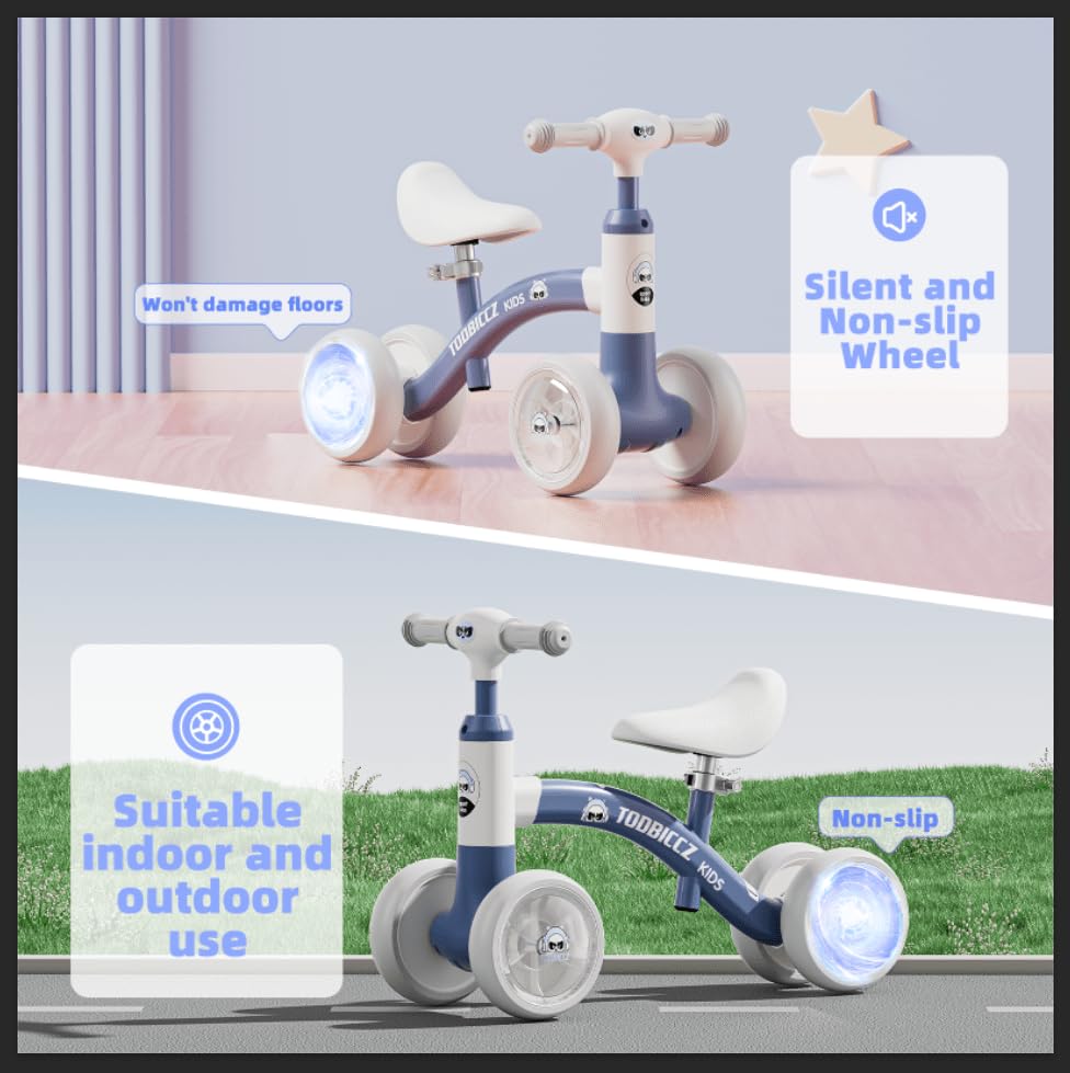 Colorful Lighting Baby Balance Bike, 4 Silence Wheels, Adjustable Handlebar Seat, No Batteries, Toys for 1 Year Old Boy Gifts 10-24 Month, Indoor/Outdoor