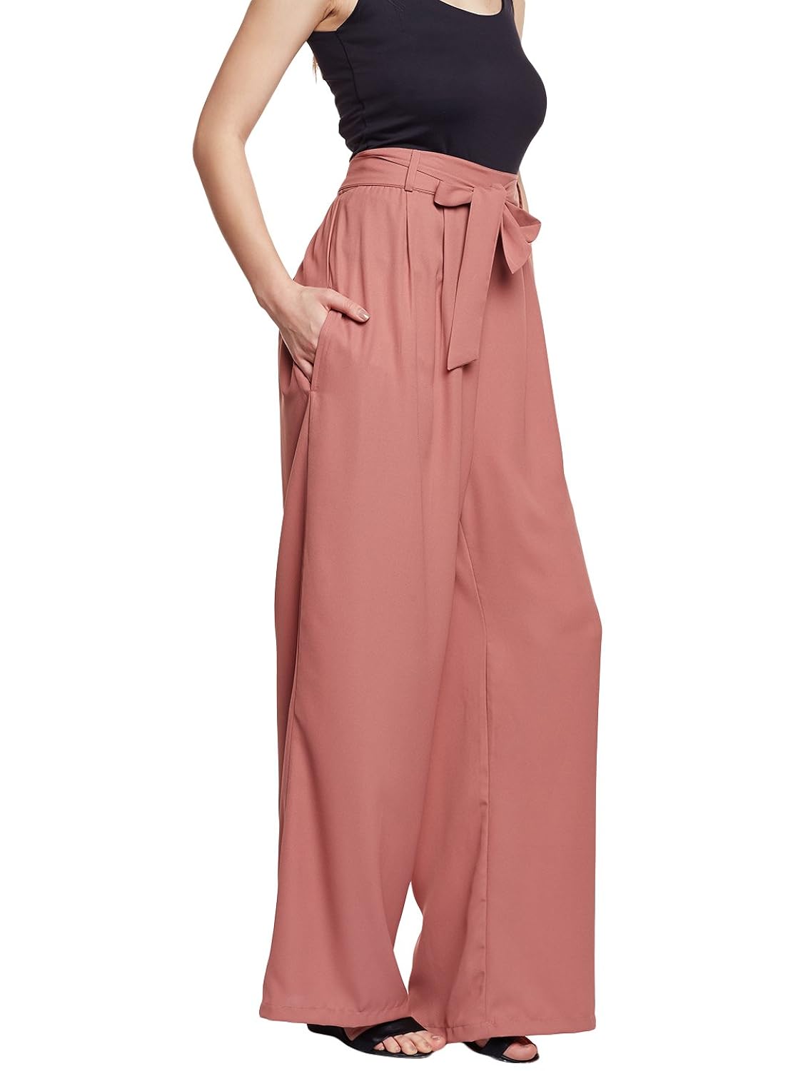 tan colour solid high waist wide leg trouser
