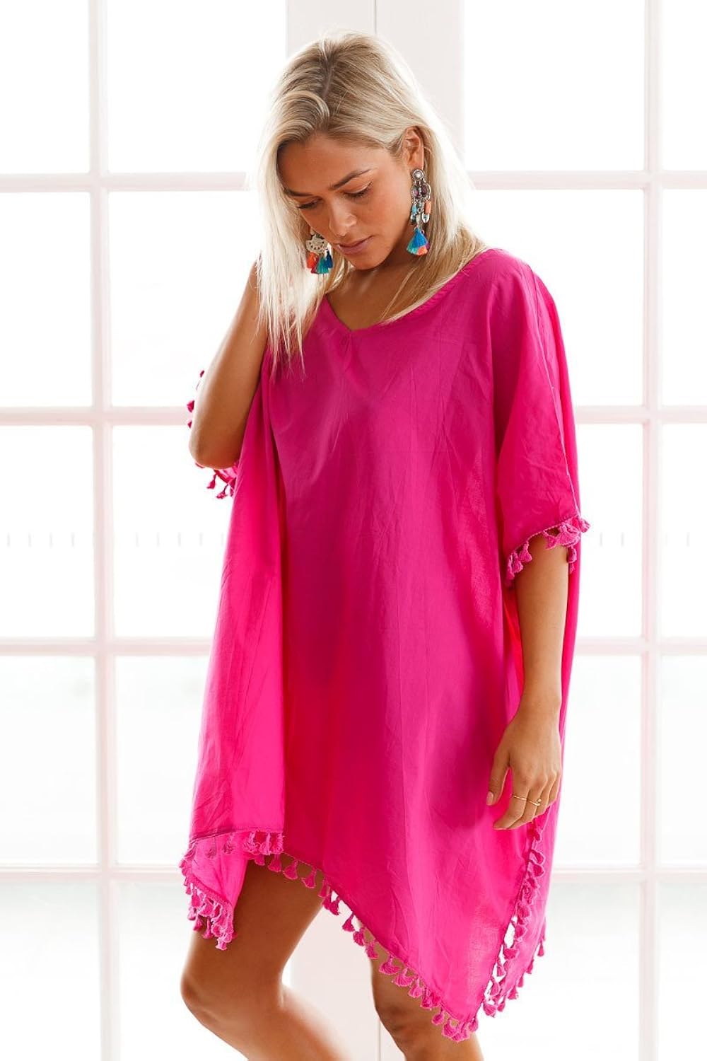 boldgal women's one piece tassel cover-up (pink)