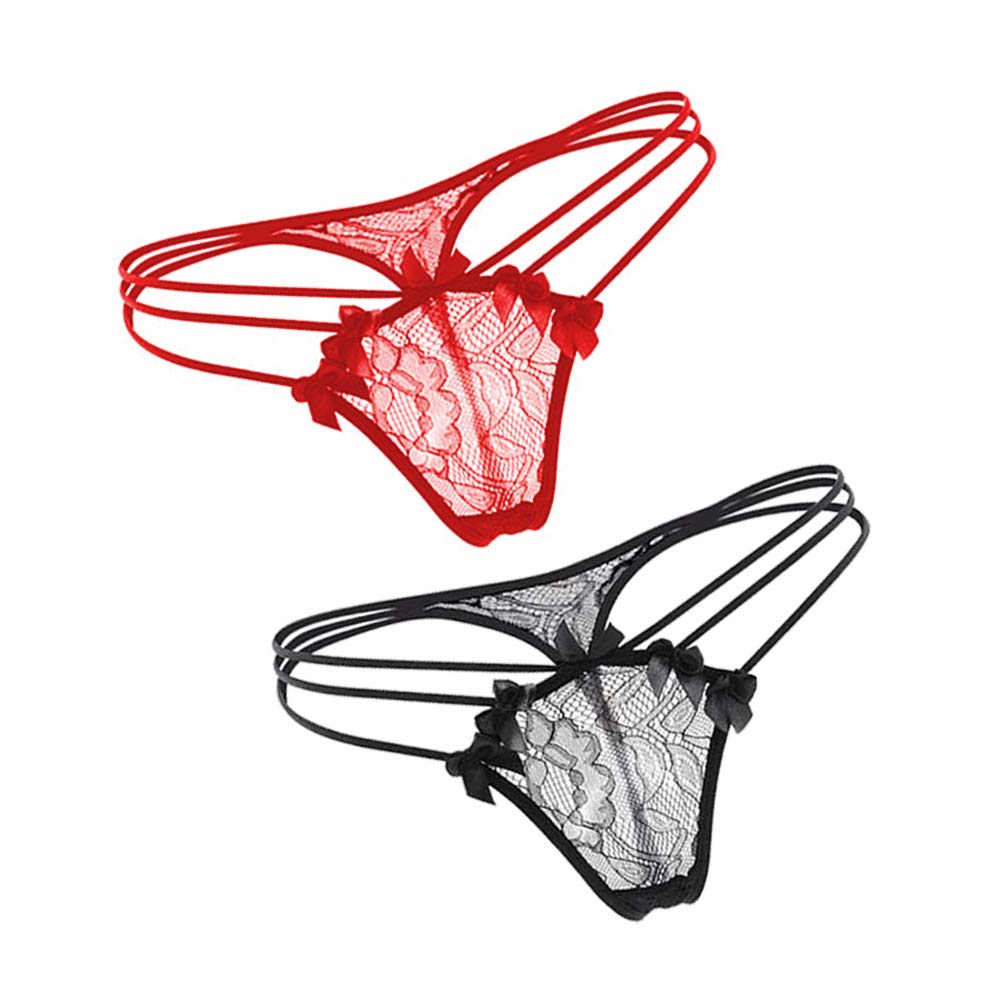 Laise Vie Women\'s Sexy Lace Condole Belt Lingerie Low Rise T-Back Panties G-String Thongs Underwear (T1 2PCS) Black and Red