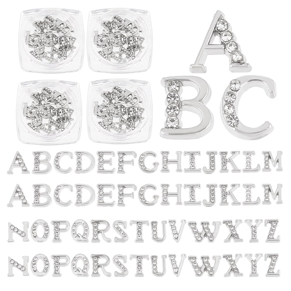 OLYCRAFT 104pcs/4 Sets Platinum Rhinetone Letters 26-Letters Charms with Rhinestone A~Z Letter Rhinestone Resin Fillers Platinum Alphabet Nail Charms for Nail Arts Decoration Resin Jewelry Making