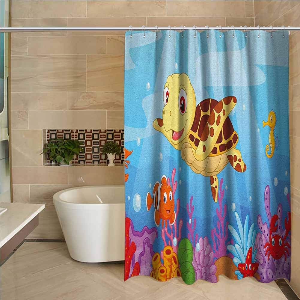 Lohebhuic Turtle 3D Printed Shower Curtain Funny Adorable Cartoon Style Underwater Sea Animals Baby Turtle and Fish Collection Hotel Quality Machine Washable W108 x L70 Inch Multicolor