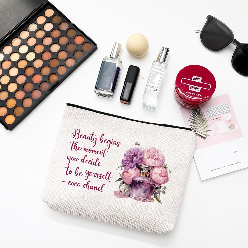 Coco Chanel Quotes Makeup Bag Fashion Gift for Girls Beauty Flower Fragrance Begins The Moment You Decide to Be Yourself - Waterproof Linen Toiletry Bag for
