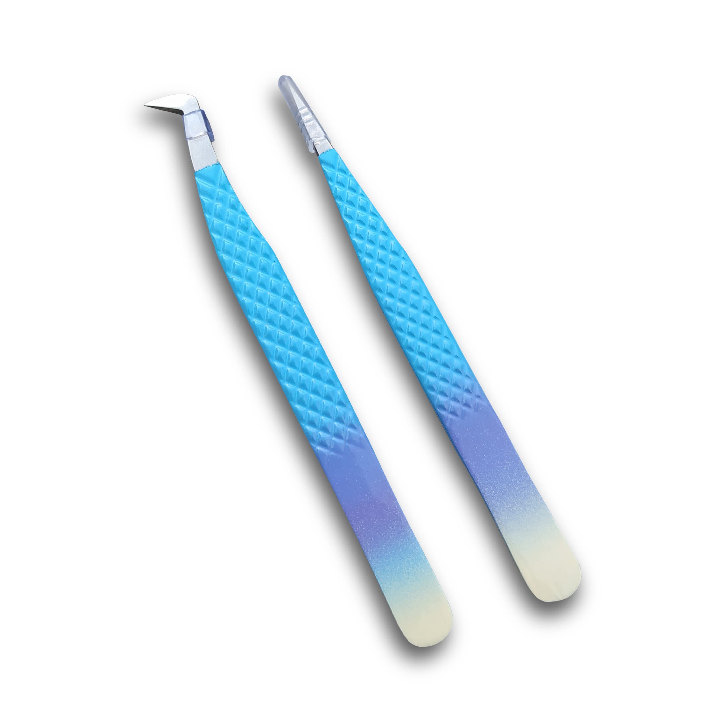 Eyelash Tweezers-2 Pieces Diamond Grip Eyelash Extensions Tweezers With Silver Tip-COSSMOO Straight And Angled Curved L-Shape Volume Tweezers For Lashes Extension, Lash Tweezers For False Lash, Blue