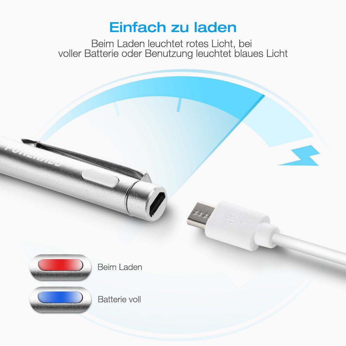 Poweradd elektronischer aktiver Stylus Stift, präziser aufladbarer Eingabestift kapazitiv mit dünner Spitze, tolles Gefühl beim Spielen, Zeichnen und Schreiben auf Touchscreen Apple iPhone, iPad, iPad Mini, iPad Air 2, Handys, Smartphones T