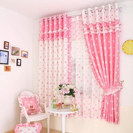 Pink Lace Girl Bedroom Window Curtains Kid Love Drapes Panel For Children Room Pricess Curtains Set Grommet 2 Pcs 52 X 63 Inch
