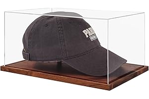 LITY Hat Display Case, No Assembly Required Clear Acrylic Baseball Cap Stand, UV Protection Signed Hat Transparent Showcase, Cap Display Box with Solid Wood Base Risers & Hat Shaper