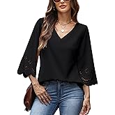 CiCiBird Women's V Neck Blouse 3/4 Bell Sleeve Loose Tops Casual Dressy Eyelet Shirts