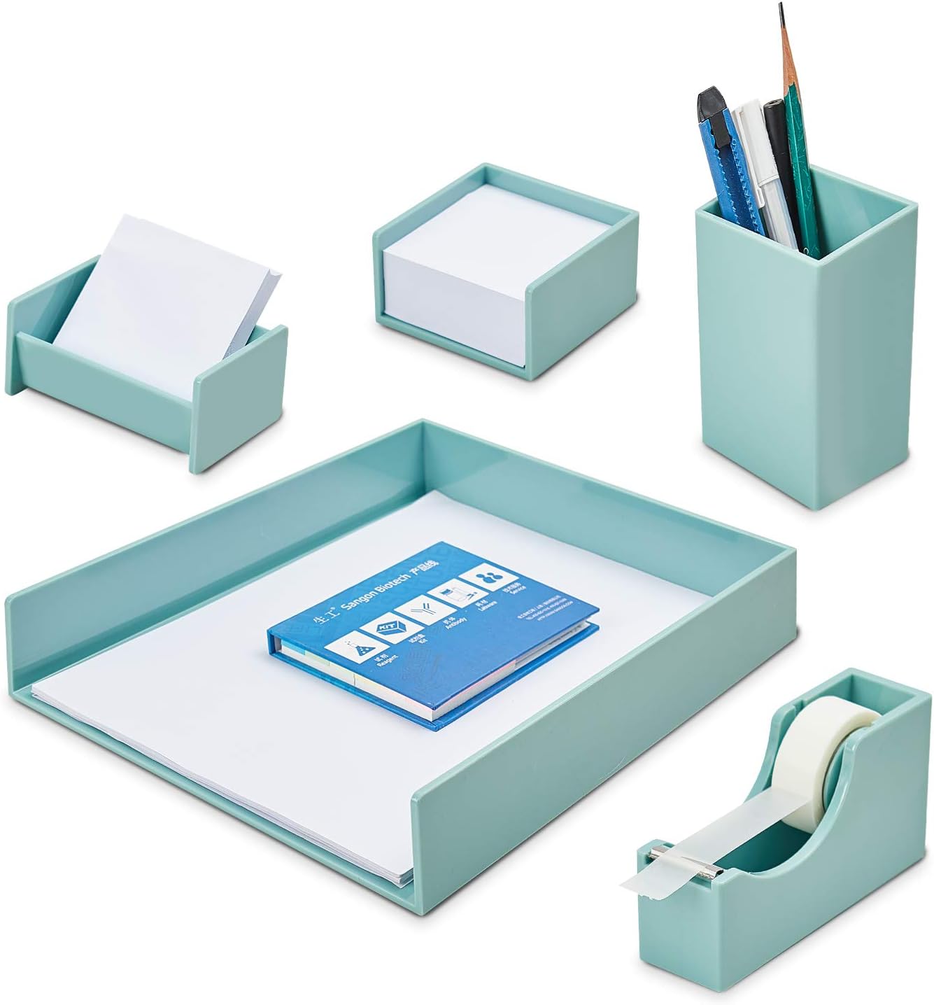 5-Piece Desk Organizer Accessories Set,Desk Sets,Office Supplies Set Fashion Combination Includes File Document Holder, Pencil Cup Holder, Name Card Holder, Tape Holder for Office or Home(Green)