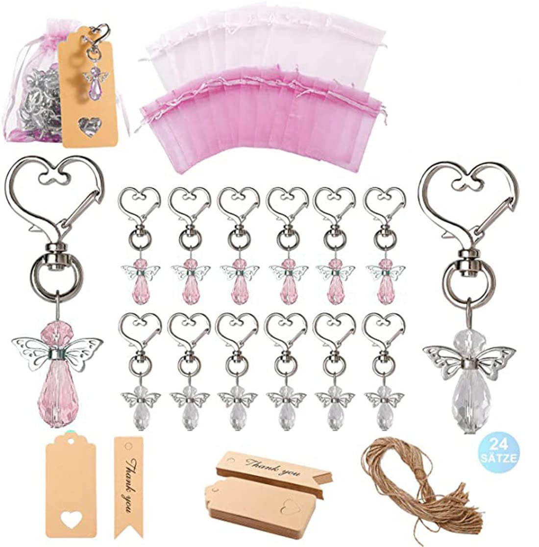 Latawon 24 Pack Angel Keychain, Angel Wings Pendant Keychain with Thank You Tag Drawstring Candy Bag for Baby Shower, Bridal Shower, Wedding Charm, Party Favors