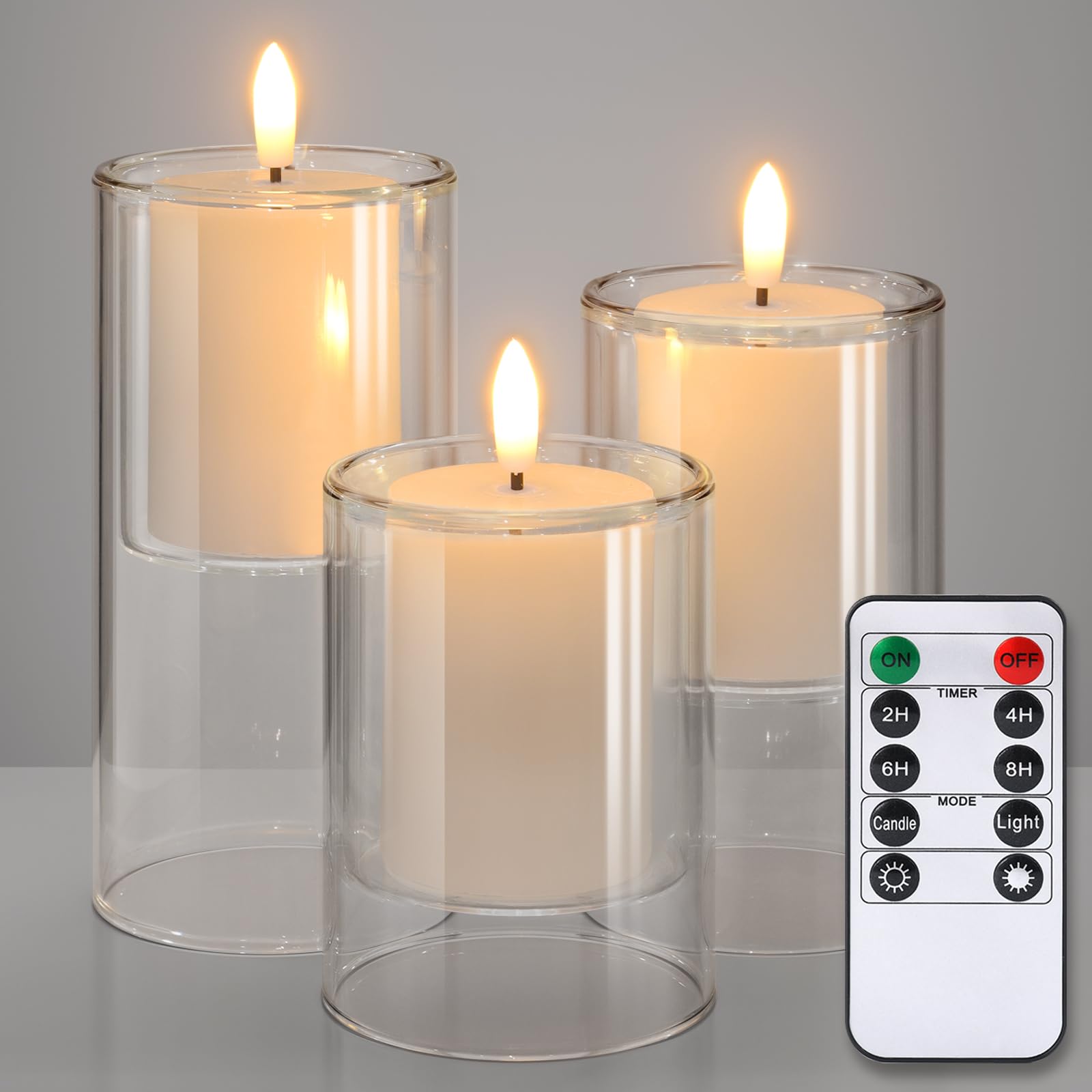 Photo 1 of NURADA Flameless Candles with Remote Timer - Glass Real Wax 3D Wick LED Pillar Votive Candle Set Battery Operated Flickering Light for Home Christmas Decoration - White 3 Pack