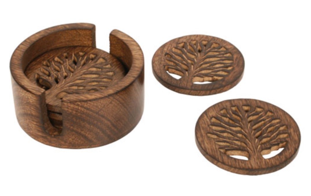 Shared Earth Fair Trade Hand Carved Tree Of Life Mango Wood 6 Coaster Set