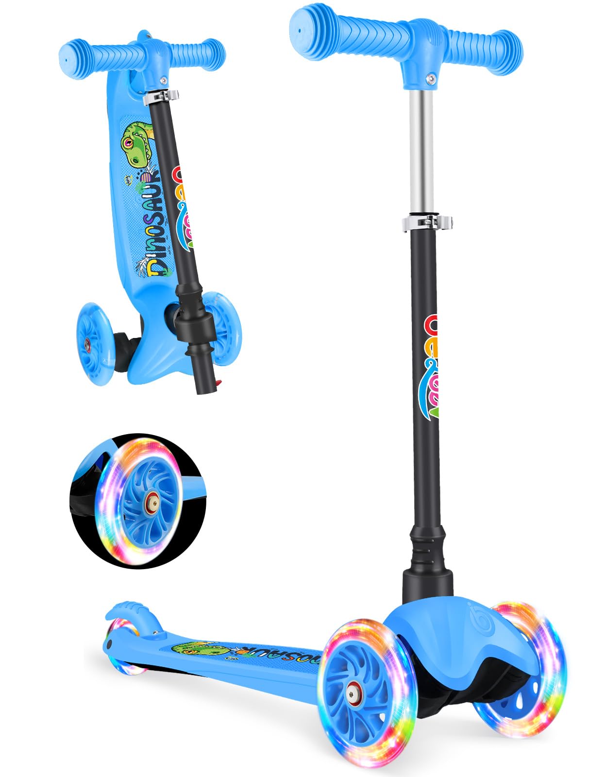BELEEV 3-Wheel Scooter for Kids Age 2-6, Scooter for Toddlers Girls Boys Children, Adjustable Height, Lean to Steer, Light Up Wheels, Extra-Wide Deck(CARTOON BLUE)