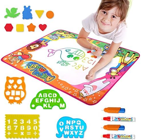 Homfshop Large Aqua Magic Doodle Pad 34 x 22 inch, 6 Colors Water Drawing Mat Children Painting Board with 4 Water Pens 4 Painting Template and 8 Drawing Molds