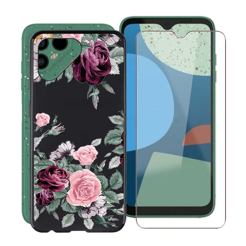 TREBAM Black Soft TPU Bumper Phone Case for Fairphone 4 (6.3 Inches) with Tempered Glass Screen Protector, Ultra-Thin Shockproof Shell for Fairphone 4 - Red rose