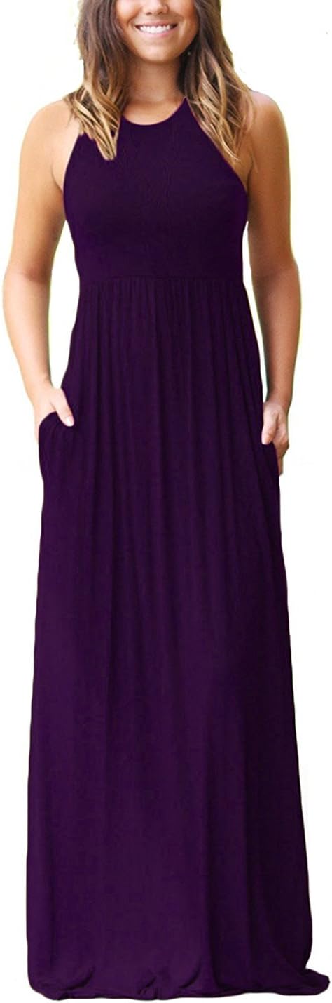 Women Sleeveless Loose Plain Long Maxi Casual Dress with Pockets