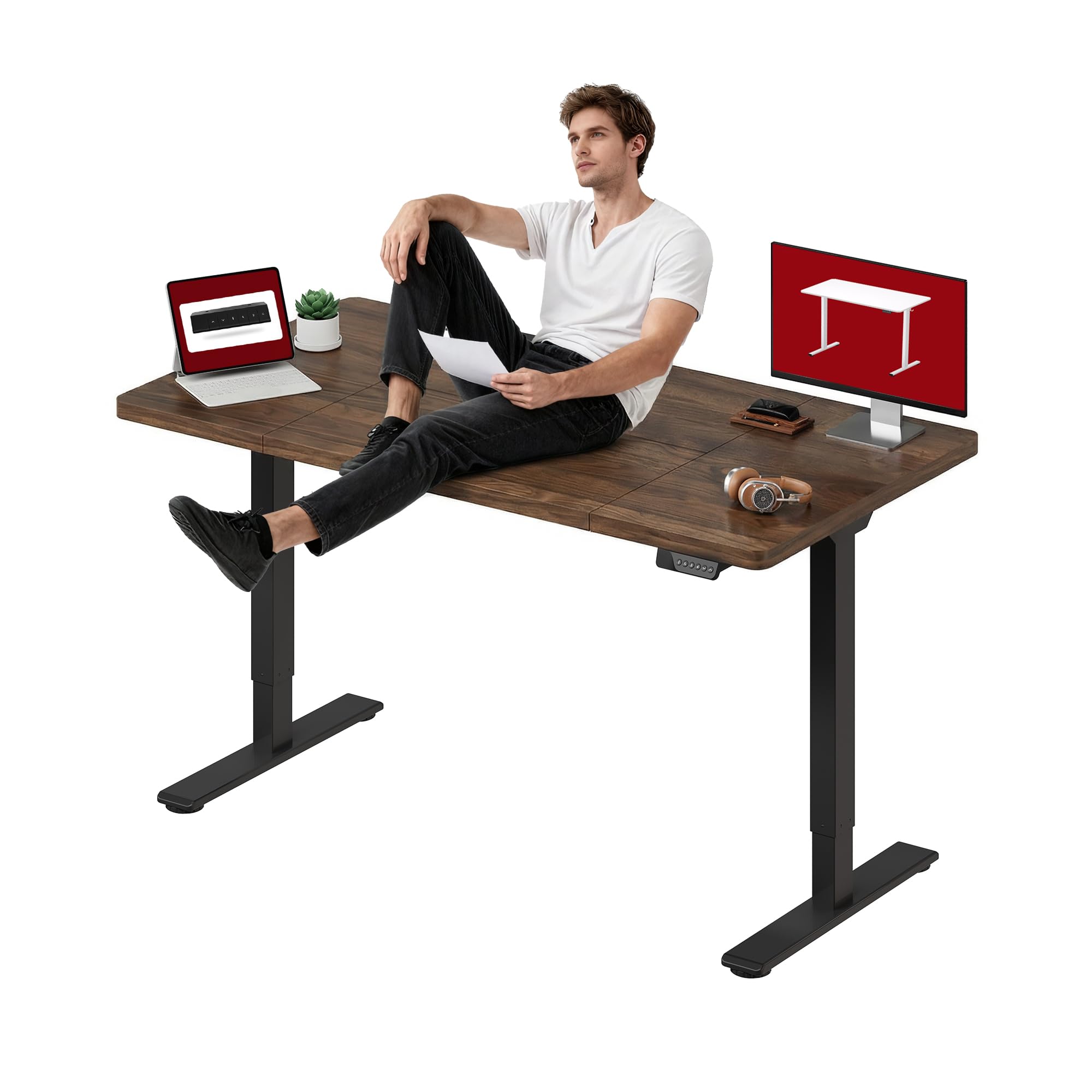 SANODESK Dual Motor Electric Standing Desk 63 x 28 Inches, Height Adjustable Sit Stand Desk with Large Splice Board for Home Office, Computer Workstation, Study & Gaming, Black Frame/Black Walnut Top Image