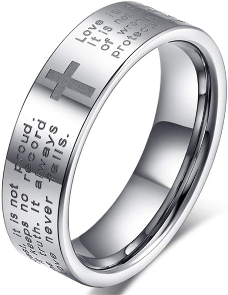 Womens 4mm Tungsten Carbide White Ring Engraved English Bible Verses About Love Cross Band for Her
