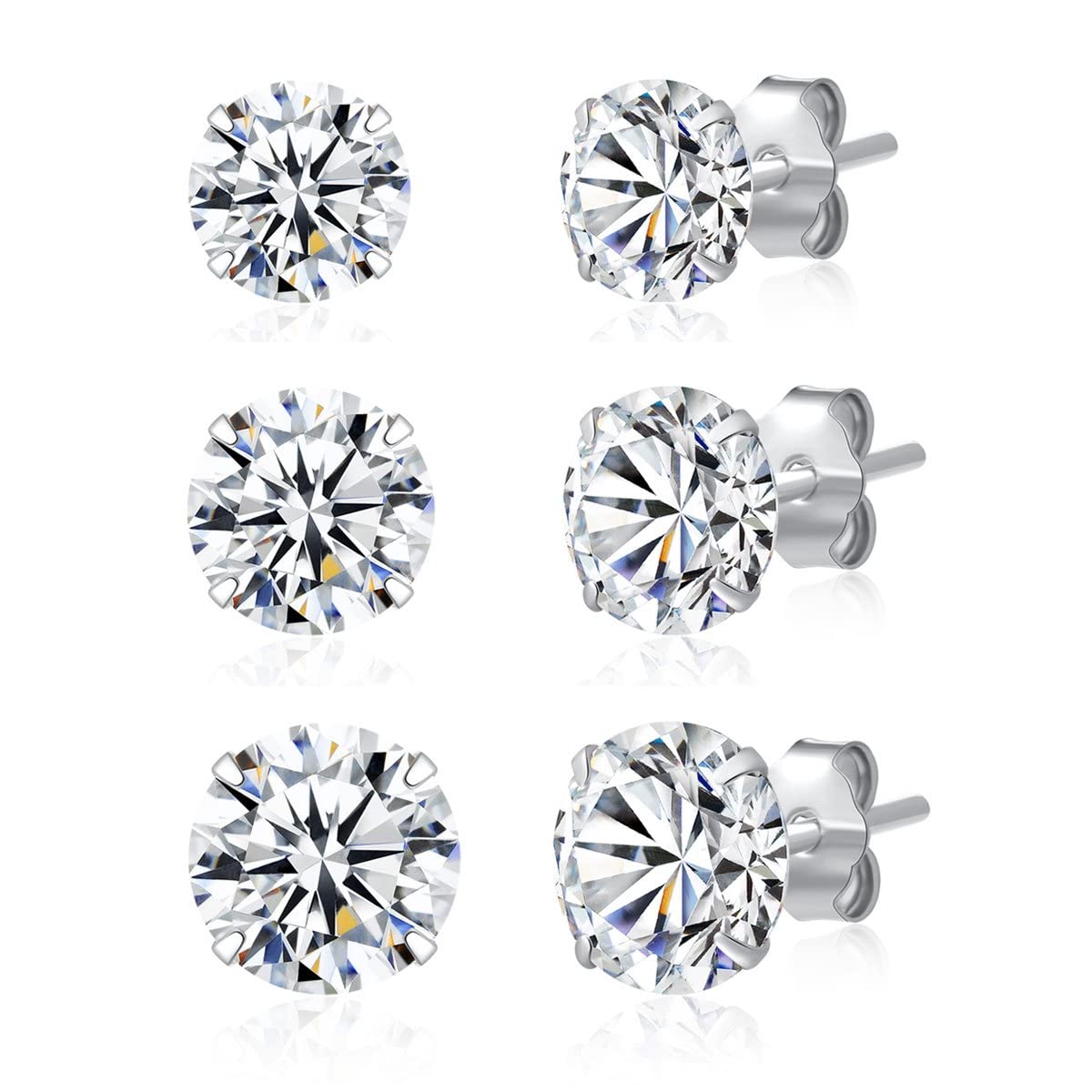 3 Pairs 925 Sterling Silver CZ Stud Earrings Set 4mm 5mm 6mm Hypoallergic Cubic Zirconia Stud Earrings Men Women Earings Sparkly Stack Earrings for Sensitive Ear