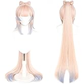 maysuwell Anime Pink Mixed Blue Wigs with Bangs Long Straight Hair with Ponytail Pre-made Bows Game Character Cosplay Wig Halloween,Christmas,Comic con,Game Show