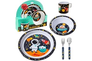 Bentology 5 Pc Mealtime Set for Kids - Space Theme -Includes Raised Edge Plate & Bowl, Cup, Metal Fork & Spoon -Dishwasher Safe, BPA Free- Cute Dish, Easy Self-Feeding- XMAS Holiday Gift for Toddlers