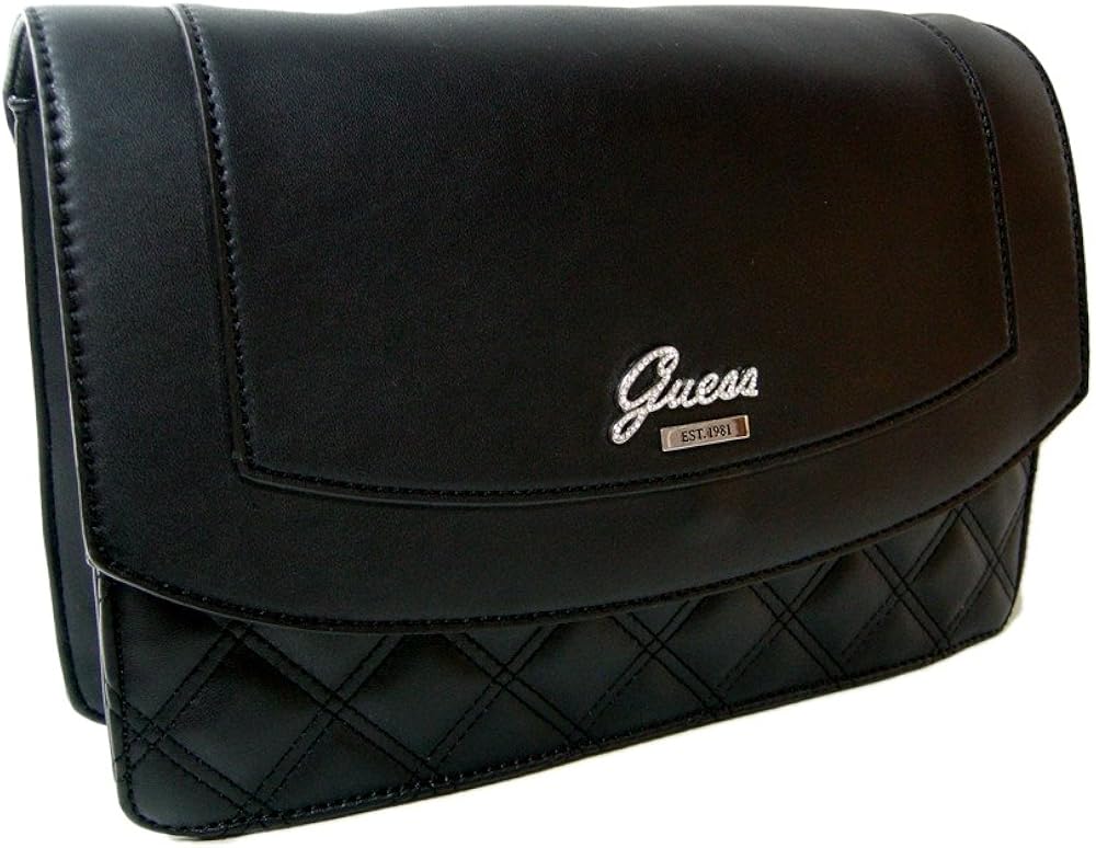 New Guess Logo Purse Crossbody Shoulder Hand Bag Black Quilted Silver Rhinestone Handbags