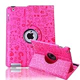 HDE Rotating iPad Case Magnetic Folding Leather Cover Folio Flip Stand for Apple iPad 2 iPad 3 iPad 4 (Pink Cartoon)