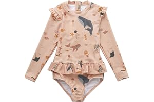 LDIOIF Girls One Piece Swimsuits Zipper Rash Guard Long Sleeve Bathing Suit with Ruffle Hem UPF50+