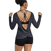 Muzniuer Women's Long Sleeve Workout Shirts Backless Yoga Shirts Cross Back Open Shirt