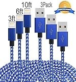 Mribo 3PACK (3+6+10)FT Lightning Cable Nylon Braided Charging Cable USB Cord for iPhone,iPad,iPod.New Version(BLUE+WHITE)