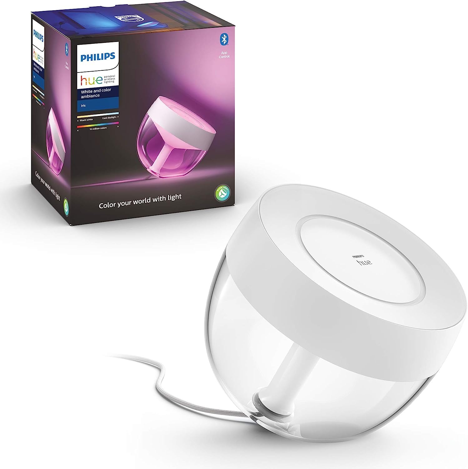 Philips Hue – Lámpara led inteligente, Hue Iris, Lámpara de Mesa LED, Luz Blanca y Luces de Colores, Compatible con Alexa y Google Home, Color Blanco