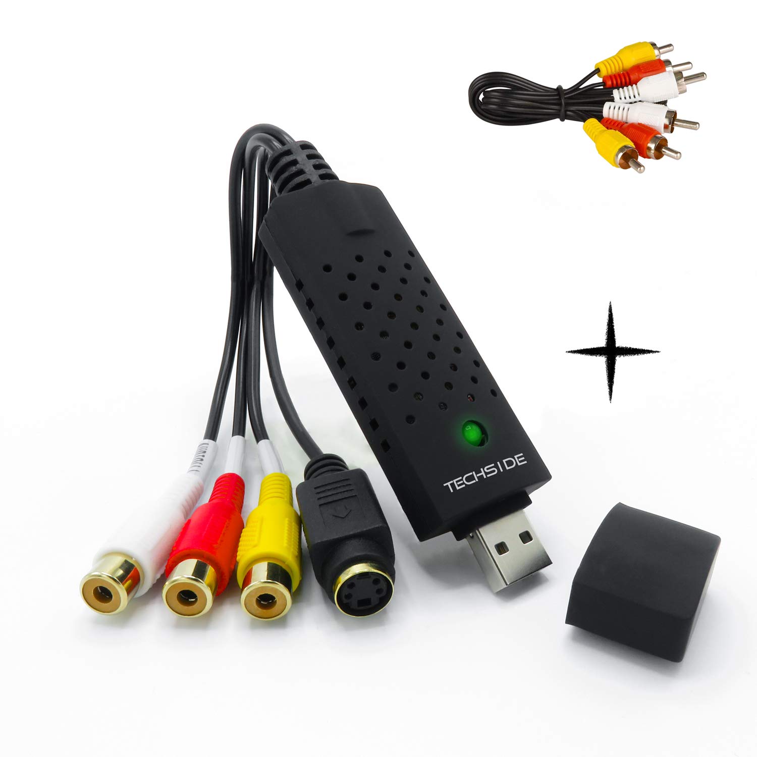 TechSide Video Grabber Gold Contacts + RCA Cables | Analog to Digital | Windows 11 + New 2024 Software | USB 2.0 Converter VHS Capture | Convert Old Videotapes to Digital Format Mpeg