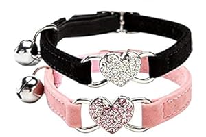 CHUKCHI Pink Soft Velvet Safe Cat Adjustable Collar with Crystal Heart Charm and Bells 8-11 Inches(Black+Pink)
