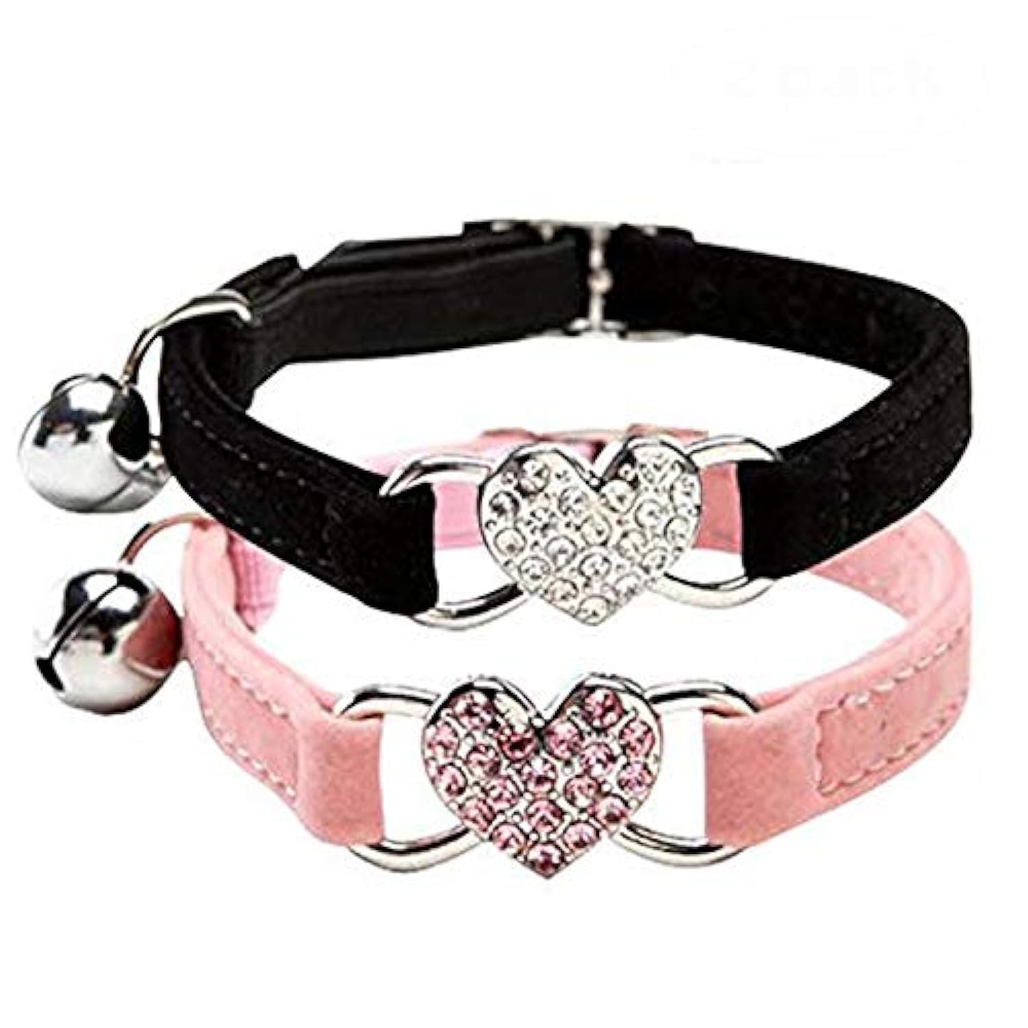 CHUKCHI Cat collar with bell blin-Cat Adjustable Collar with Crystal Heart Charm and Bells 8-11 Inches(Black+Pink) 2 pcs