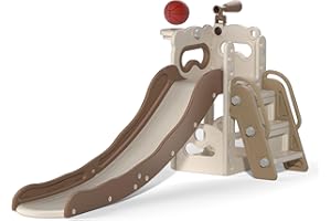 NYEEKOY 6-in-1 Castle Amusement Playground Playhouse, Indoor Outdoor Playset for Toddlers Age 1-3, Backyard Climber Play Set Slide for Kids Baby (Brown)