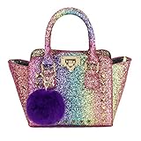 CMK Trendy Kids My First Shinny Glitter Rainbow Purse for Little Girls Toddlers Mini Tote with Poms (80003_Rainbow)