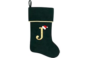 Subyan 20 Inches Initial Monogram Green Christmas Stocking, Personalized Large Embroidered Letter Velvet Christmas Stocking with Gold Trim Decoration for Family Christmas Holiday Party Decor(Letter J)