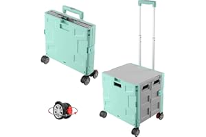 FELICON Folding Utility Cart Portable Rolling Crate Handcart with Durable Heavy Duty Plastic Telescoping Handle Collapsible Hidden Lid 4 Rotate Wheels for Travel Shop Move Office Teacher(Green&Gray)