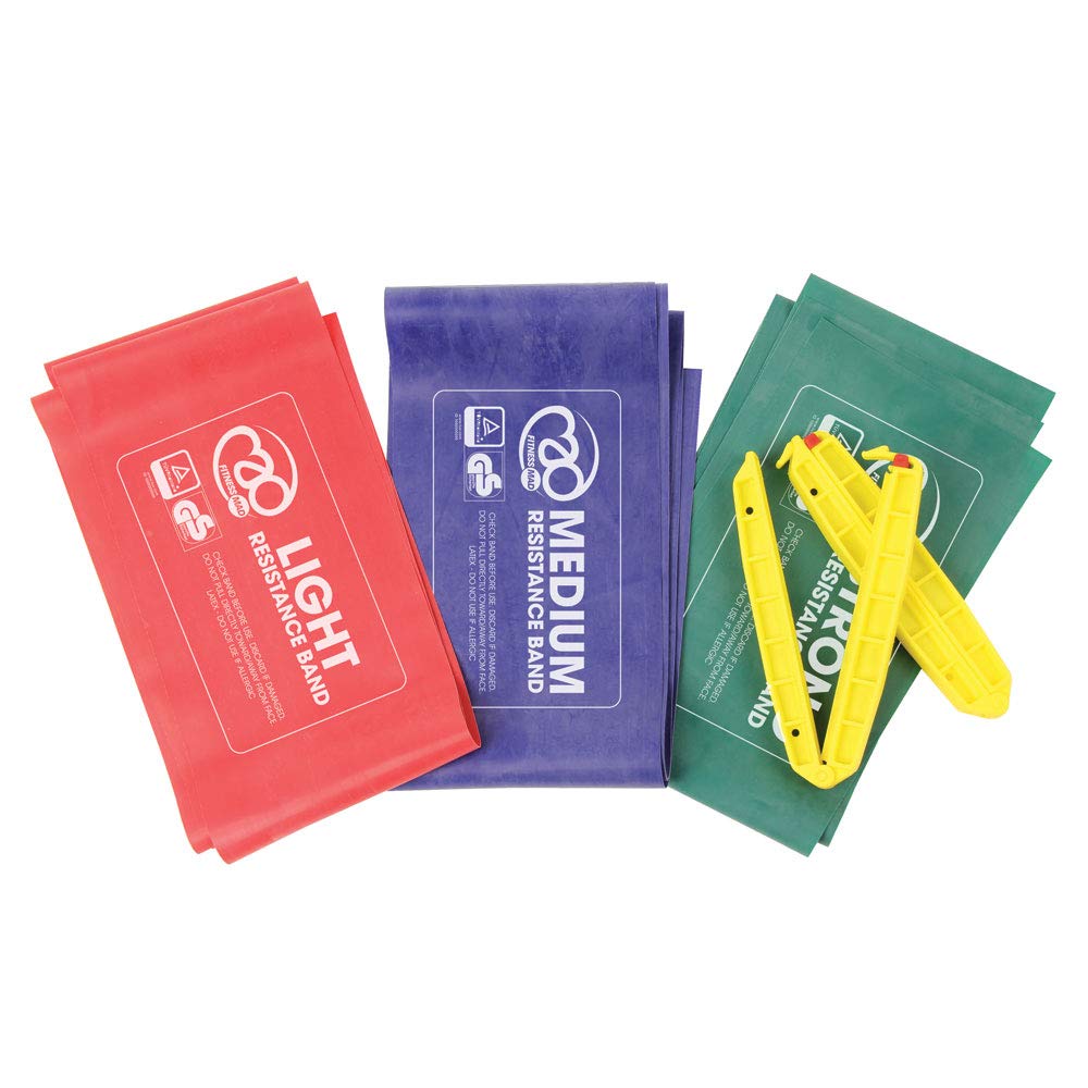 Fitness Mad Resistance Band Kit 3 Strengths of Band and handles (Red, Green, Blue)