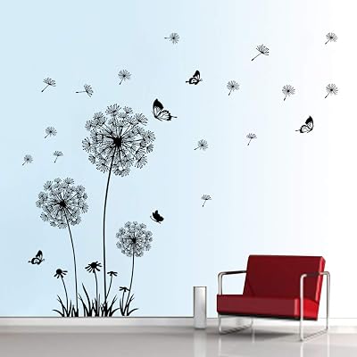 decalmile Dandelion Wall Decals Flying Flowers Butterflies Black Art Stickers