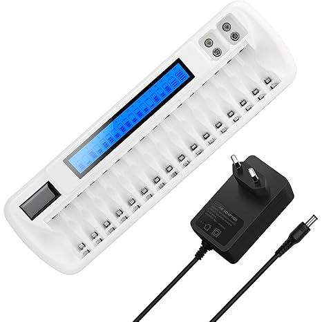 Akkuladegerät mit Smart LCD Display, iEGrow Akkuladegerät mit 16 Steckplätzen für Ni-MH AA / AAA Batterie und zusätzlichen 2 