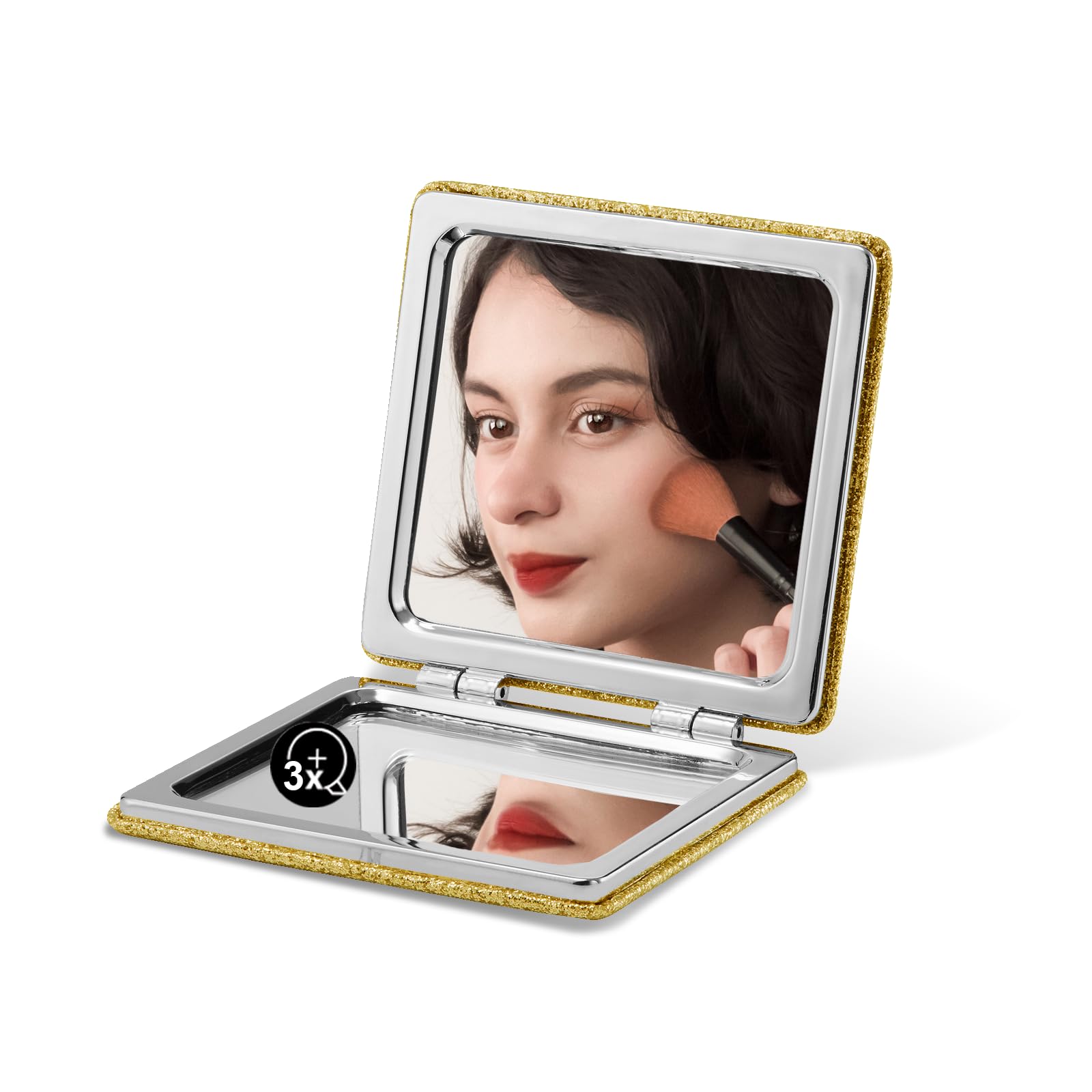 OMIRO Compact Mirror with 1x/3x Magnification, Square with PU Leather, Small Mirror for Purses, Daily Makeup (Glitter Gold)