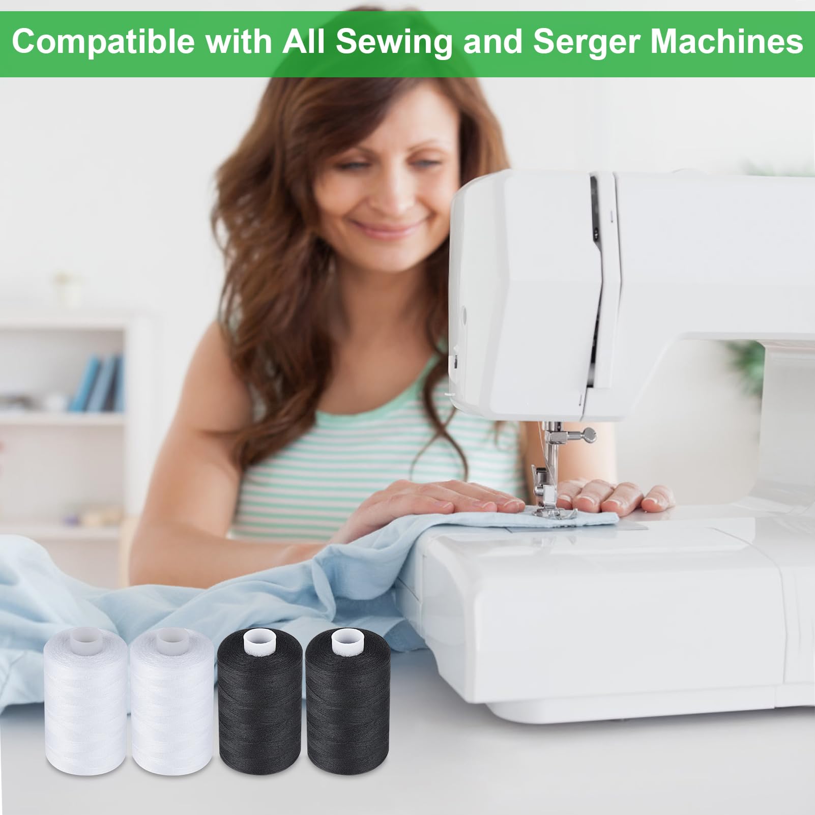 Simthread All Purpose Sewing Thread, 4 Spools Each 1000 Yards of Polyester Threads for Sewing Machine, Sewing Machine Supplies for Beginners, Hand Stitching, Quilting, Serger (2 White+2 Black)