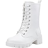 Vepose Women's Mid Calf Combat Boots Lace-up Elastic Chunky Platform Boot with Side Zipper